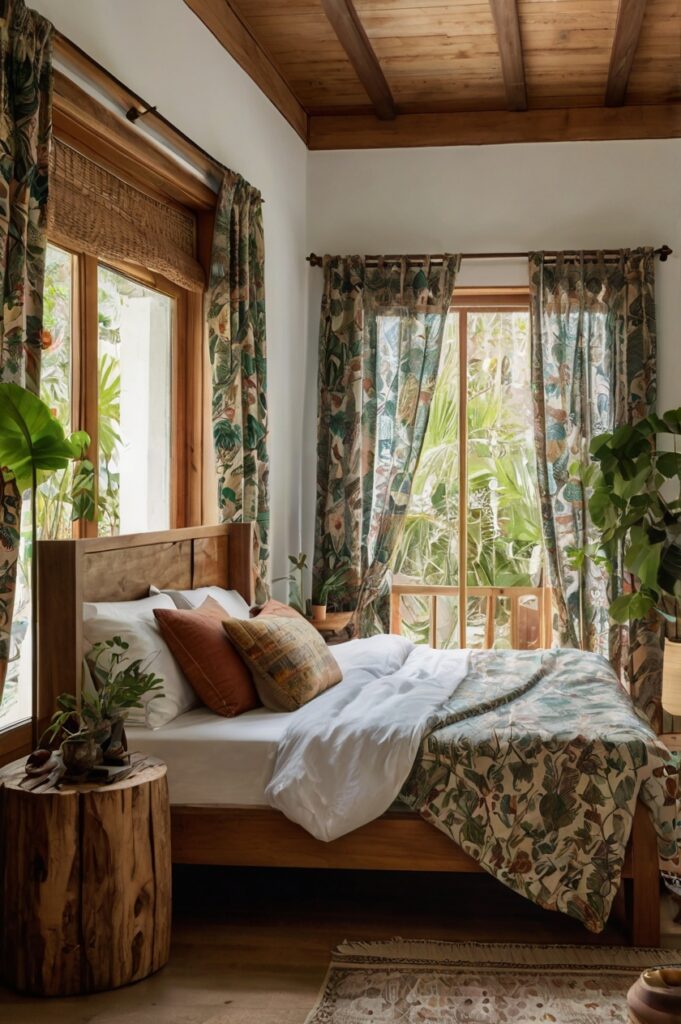 Boho bedroom with floral print curtains, wooden furniture, and greenery.