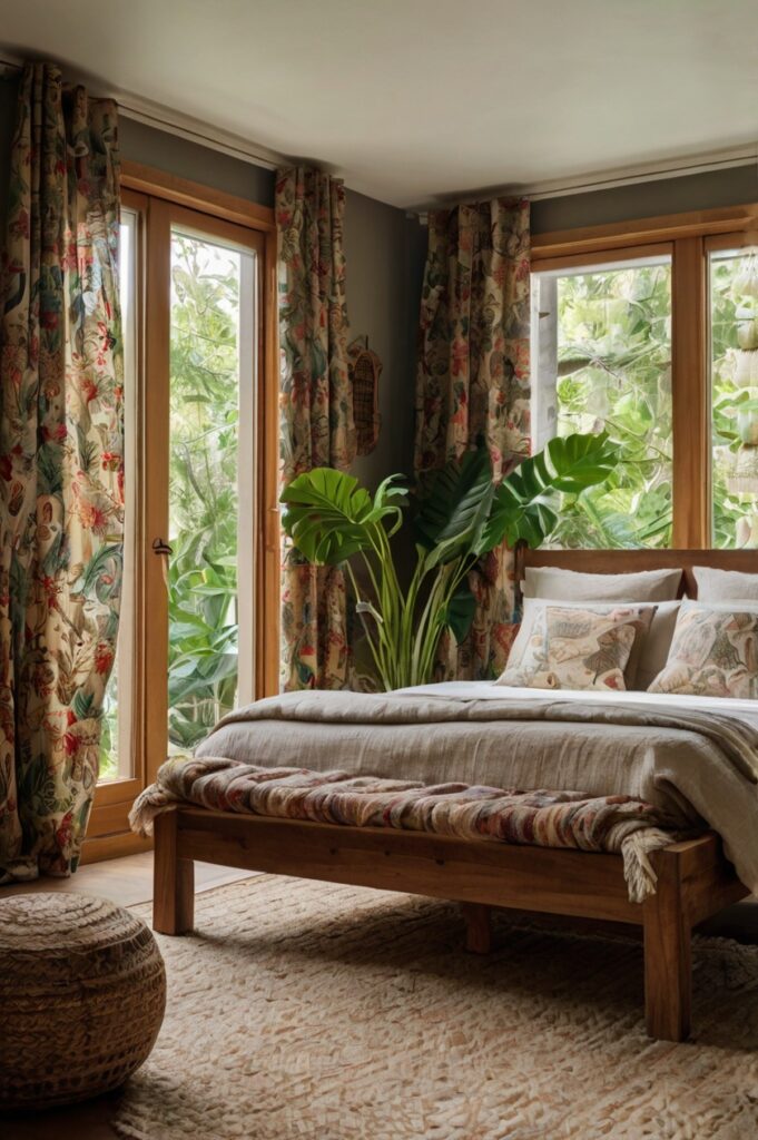 Boho bedroom with floral print curtains, wooden furniture, and greenery.