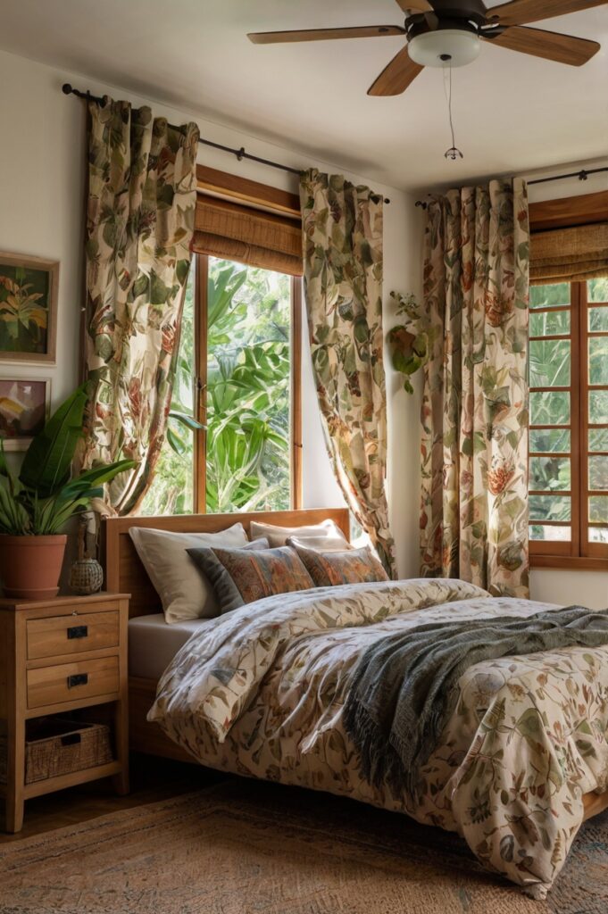 Boho bedroom with floral print curtains, wooden furniture, and greenery.