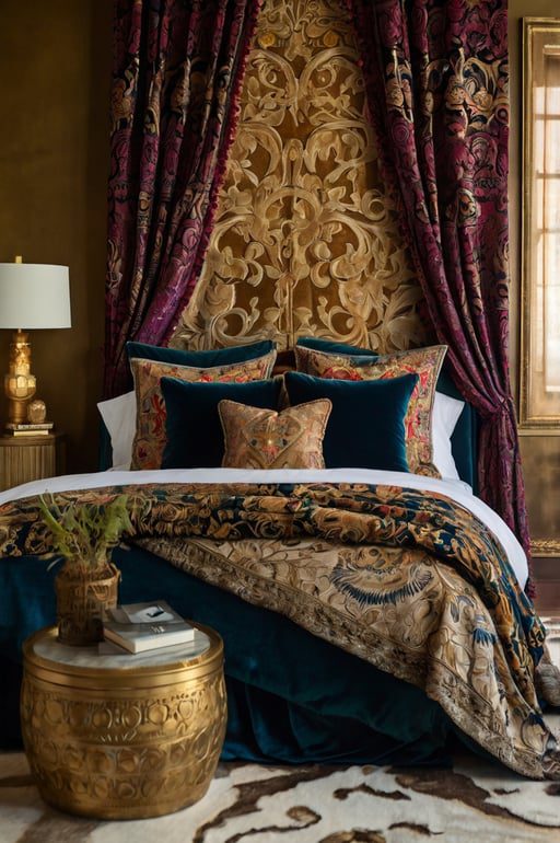 Elegant boho bedroom with printed velvet curtain panels and rich decor.