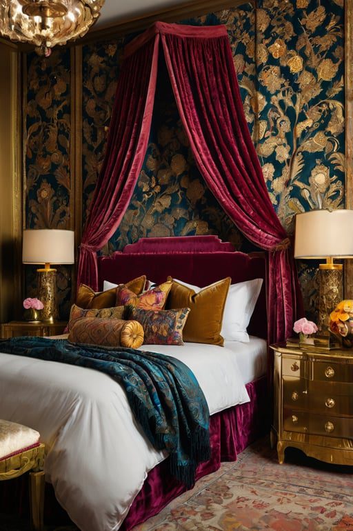 Elegant boho bedroom with printed velvet curtain panels and rich decor.