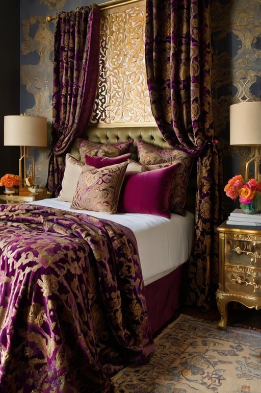 Elegant boho bedroom with printed velvet curtain panels and rich decor.