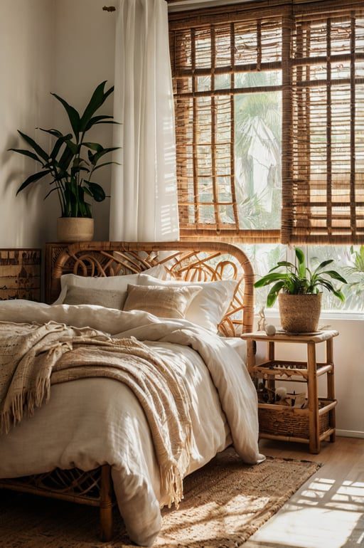 Natural boho bedroom with rattan blinds, bamboo furniture, and soft lighting.