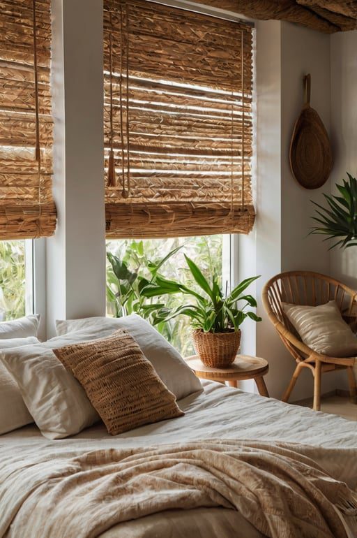 Natural boho bedroom with rattan blinds, bamboo furniture, and soft lighting.