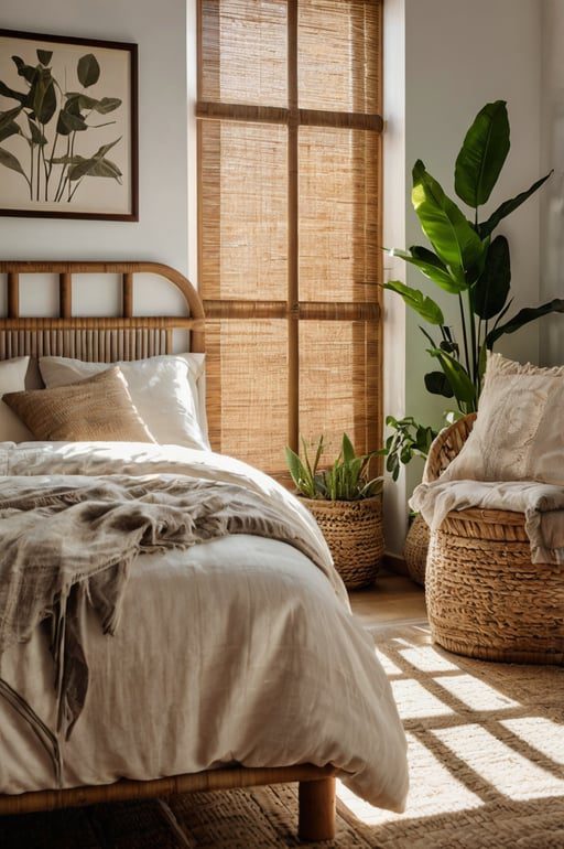 Natural boho bedroom with rattan blinds, bamboo furniture, and soft lighting.
