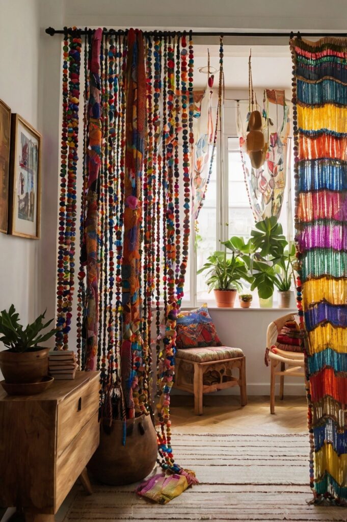 Vibrant boho bedroom with colorful beaded curtains and eclectic decor.