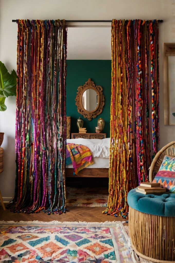 Vibrant boho bedroom with colorful beaded curtains and eclectic decor.