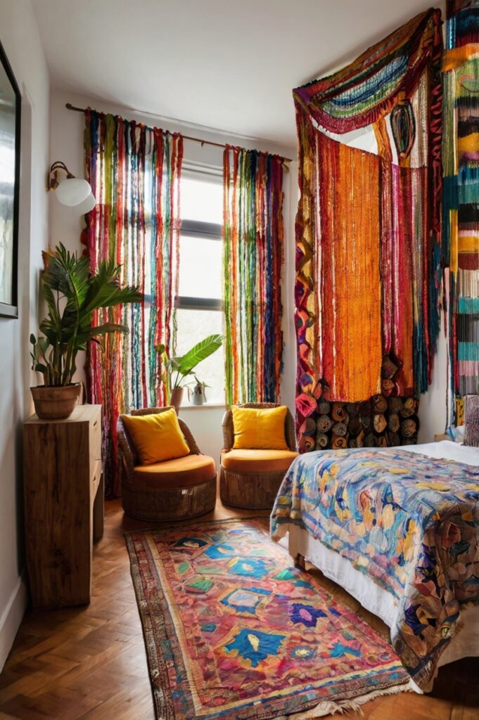 Vibrant boho bedroom with colorful beaded curtains and eclectic decor.