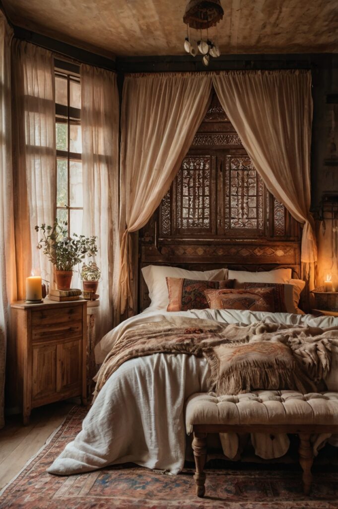 Vintage boho bedroom with distressed fabric curtains and antique decor.