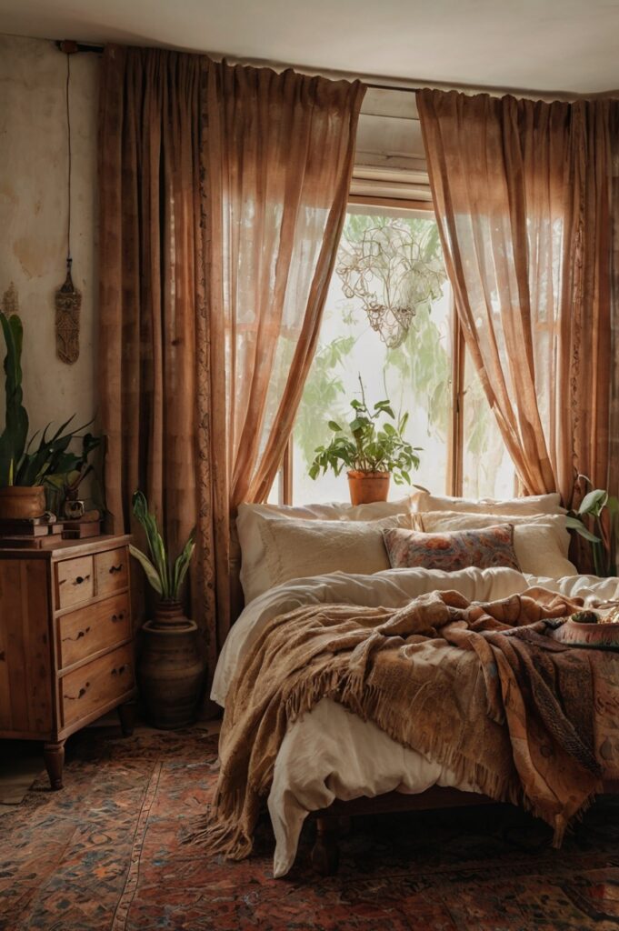 Vintage boho bedroom with distressed fabric curtains and antique decor.