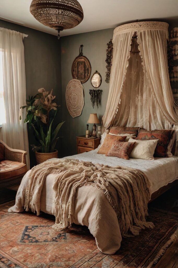 Vintage boho bedroom with distressed fabric curtains and antique decor.