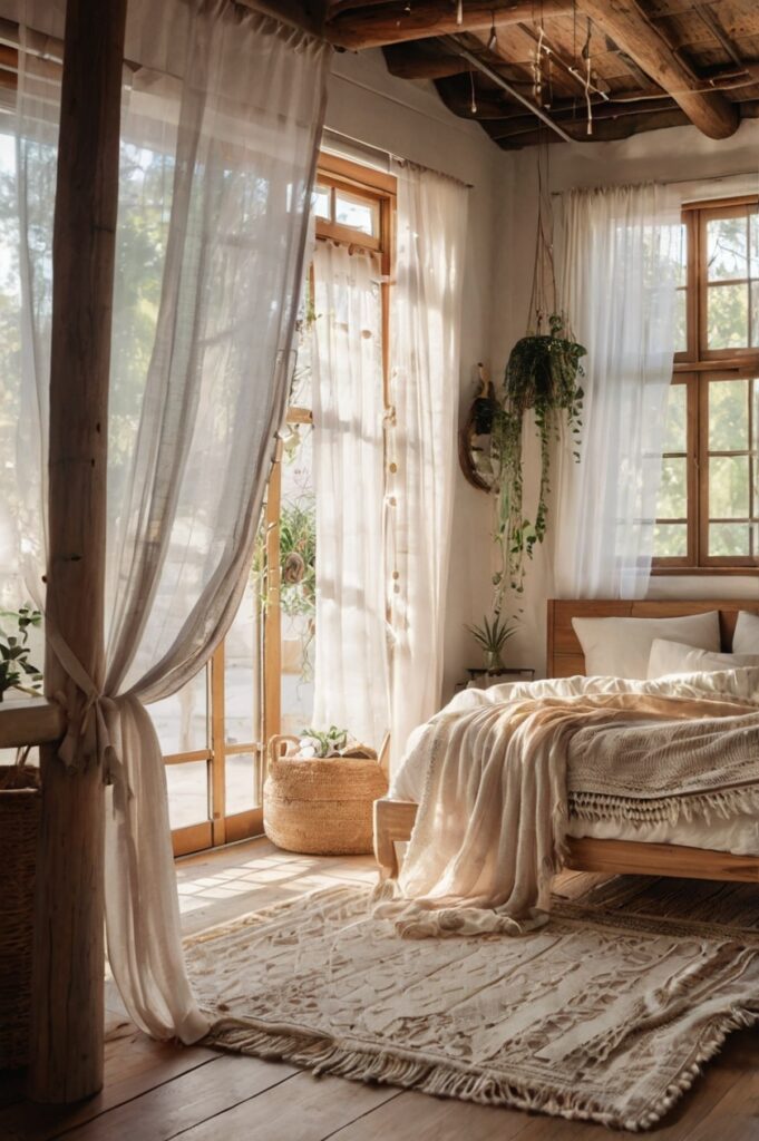 Dreamy boho bedroom with white sheer curtains and soft, inviting decor.
