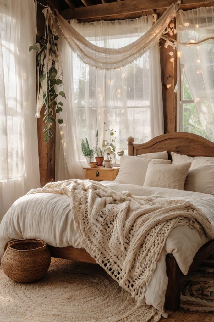 Dreamy boho bedroom with white sheer curtains and soft, inviting decor.