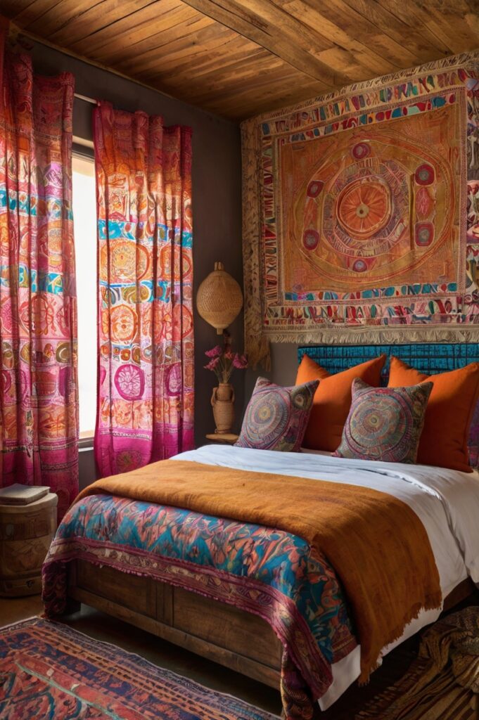 Artistic boho bedroom with block-printed ethnic curtains and eclectic decor.