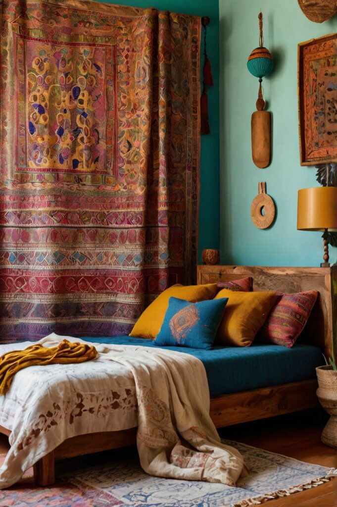 Artistic boho bedroom with block-printed ethnic curtains and eclectic decor.
