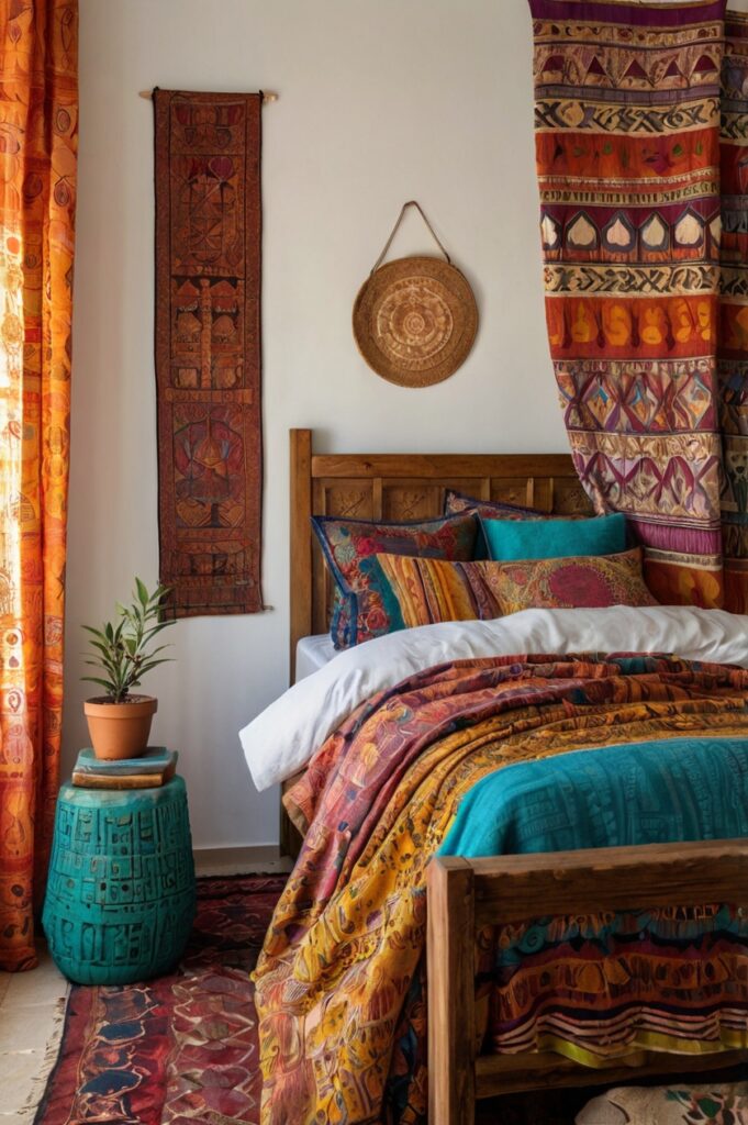 Artistic boho bedroom with block-printed ethnic curtains and eclectic decor.