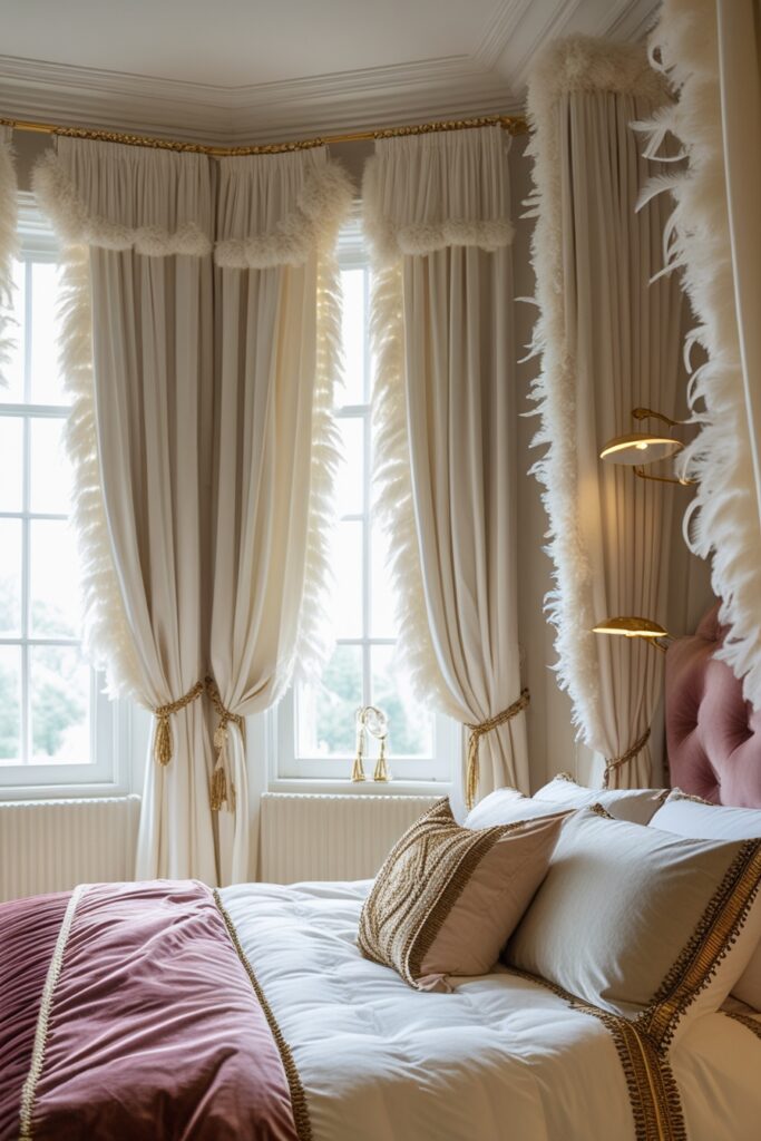 Boho glam bedroom with feather-trimmed curtains and elegant decor.