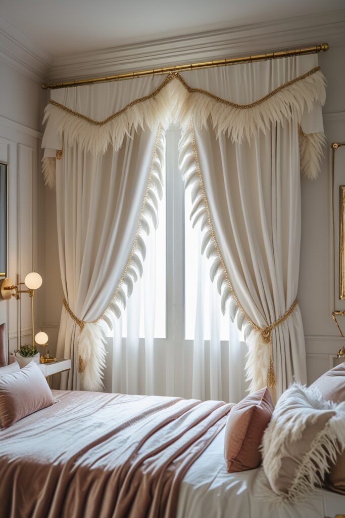 Boho glam bedroom with feather-trimmed curtains and elegant decor.