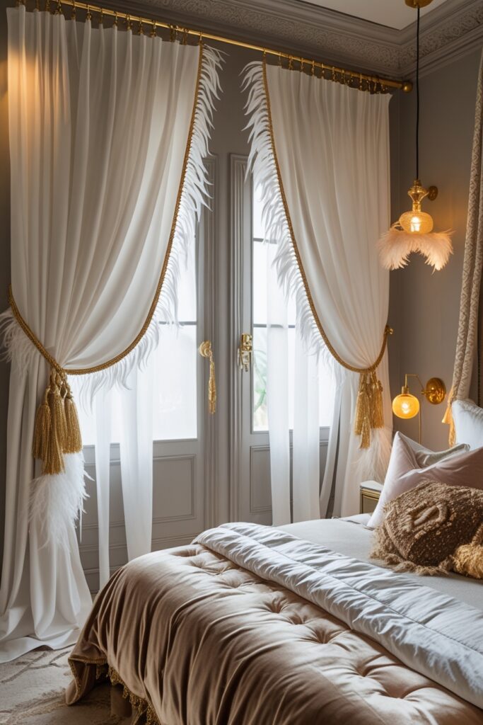 Boho glam bedroom with feather-trimmed curtains and elegant decor.