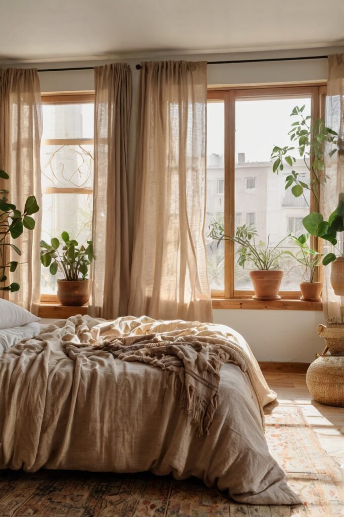 Light and airy boho bedroom with flowy linen drapes and cozy natural decor.