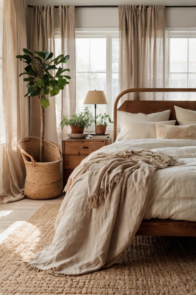 Light and airy boho bedroom with flowy linen drapes and cozy natural decor.