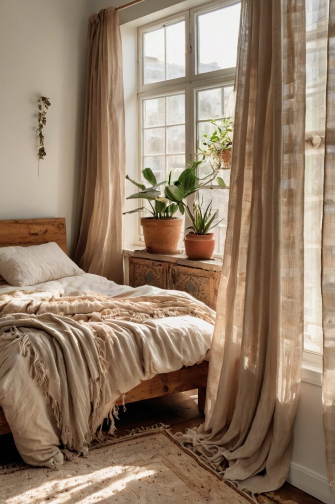 Light and airy boho bedroom with flowy linen drapes and cozy natural decor.