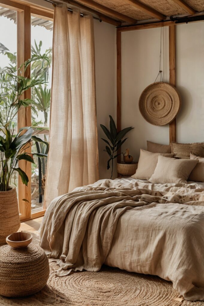 Sustainable boho bedroom with hemp-blend curtains and natural decor elements.
