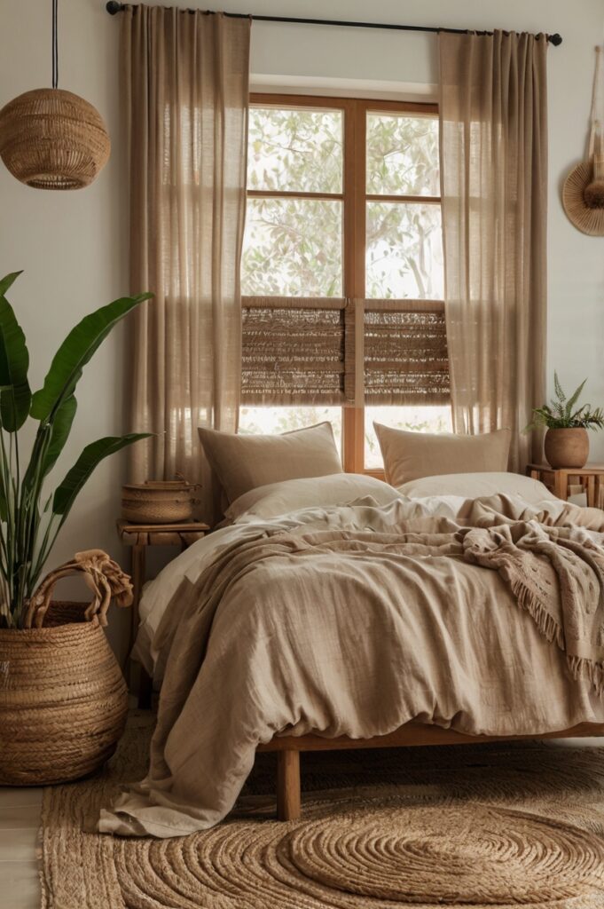 Sustainable boho bedroom with hemp-blend curtains and natural decor elements.