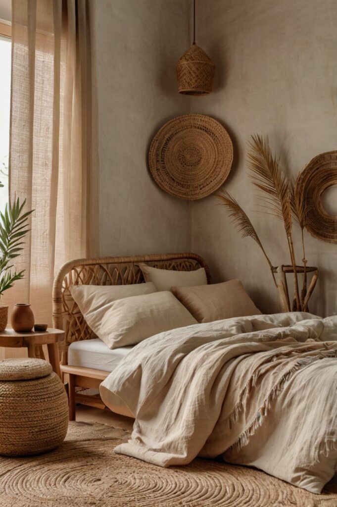 Sustainable boho bedroom with hemp-blend curtains and natural decor elements.