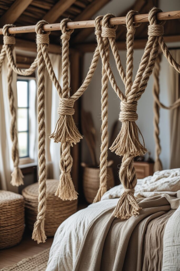 Rustic boho bedroom with jute rope curtains, wooden decor, and earthy textures.