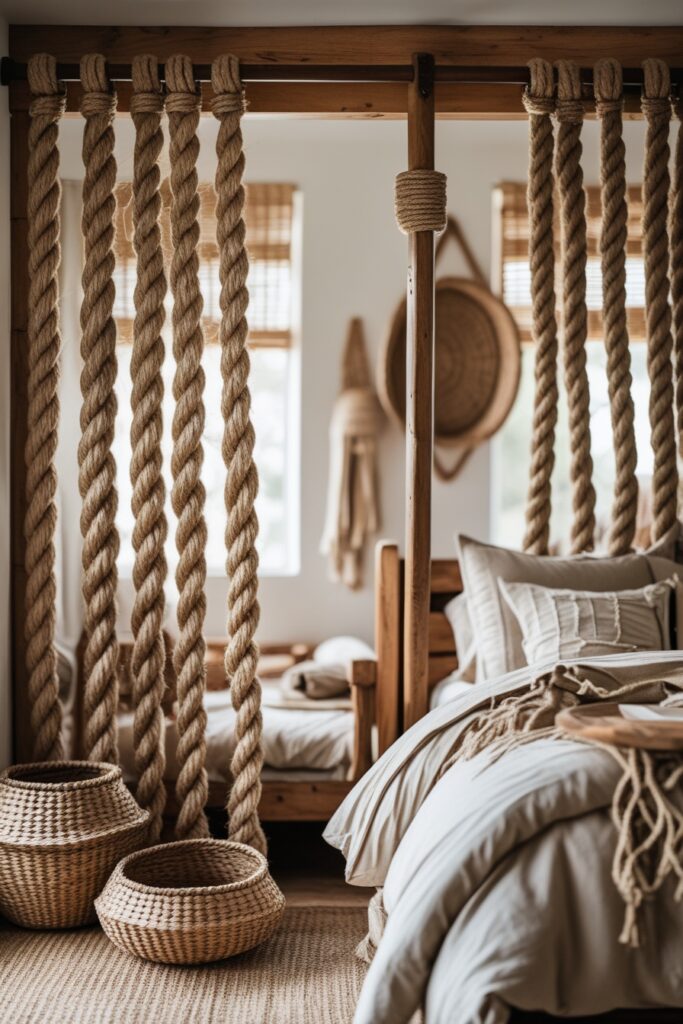 Rustic boho bedroom with jute rope curtains, wooden decor, and earthy textures.