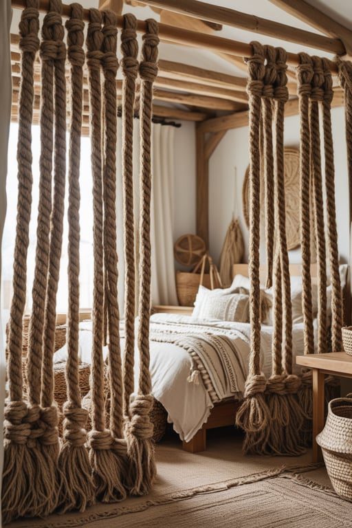 Rustic boho bedroom with jute rope curtains, wooden decor, and earthy textures.