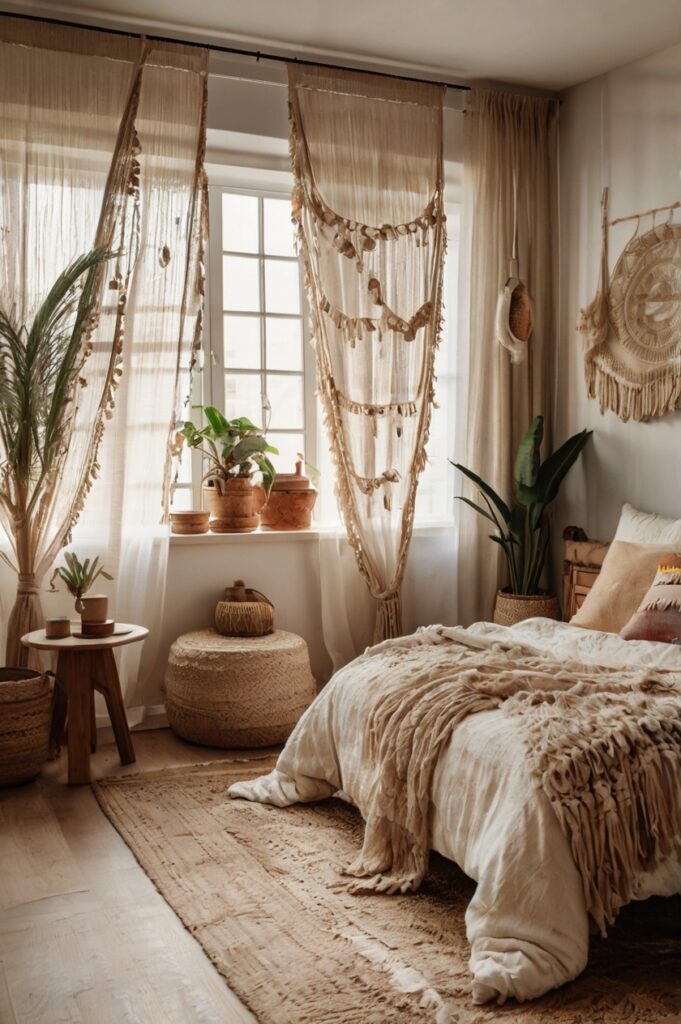 Dreamy boho bedroom with layered gauze curtains and soft, airy decor.