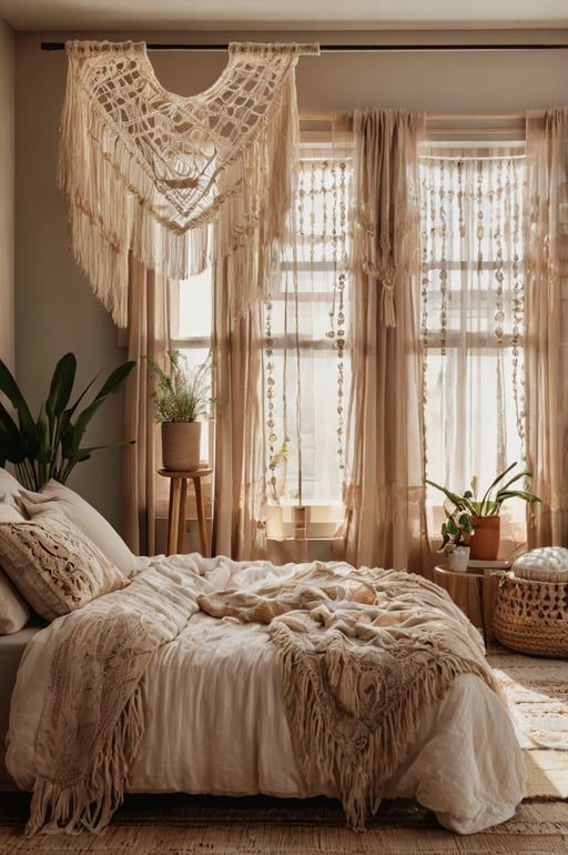 Dreamy boho bedroom with layered gauze curtains and soft, airy decor.
