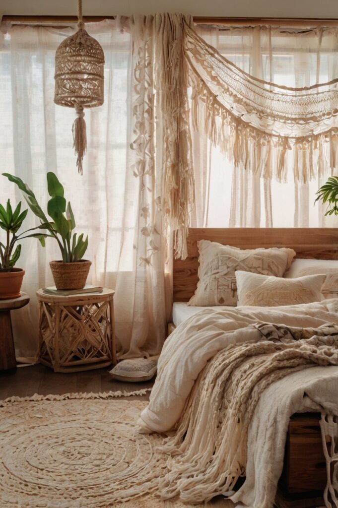 Dreamy boho bedroom with layered gauze curtains and soft, airy decor.