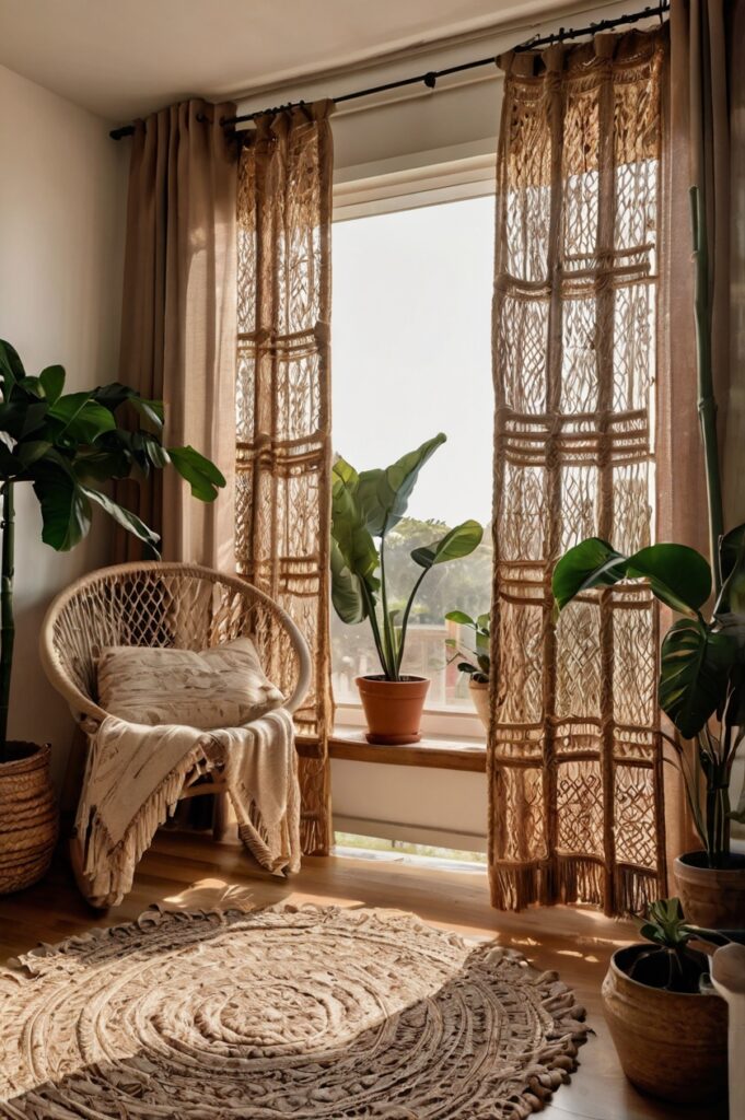 Boho bedroom with handmade macrame curtains, rattan furniture, and cozy decor.