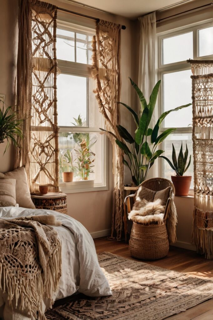 Boho bedroom with handmade macrame curtains, rattan furniture, and cozy decor.