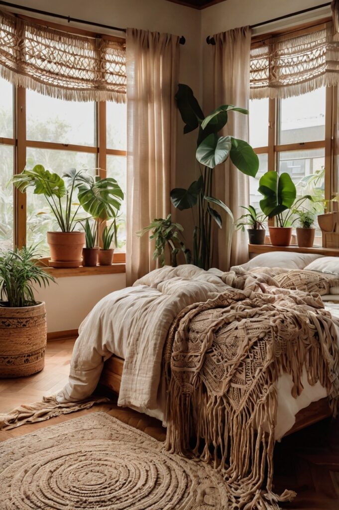 Boho bedroom with handmade macrame curtains, rattan furniture, and cozy decor.