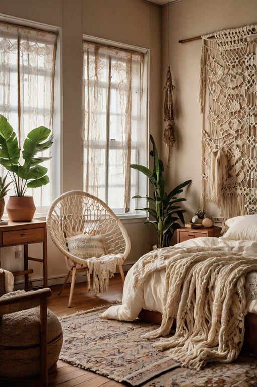 Boho chic bedroom with macrame panel dividers and soft, neutral decor.