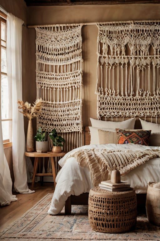 Boho chic bedroom with macrame panel dividers and soft, neutral decor.