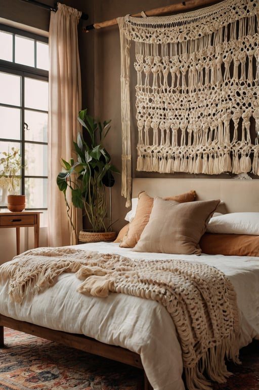 Boho chic bedroom with macrame panel dividers and soft, neutral decor.