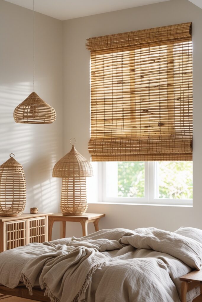 Natural boho bedroom with neutral bamboo blinds and wooden decor.