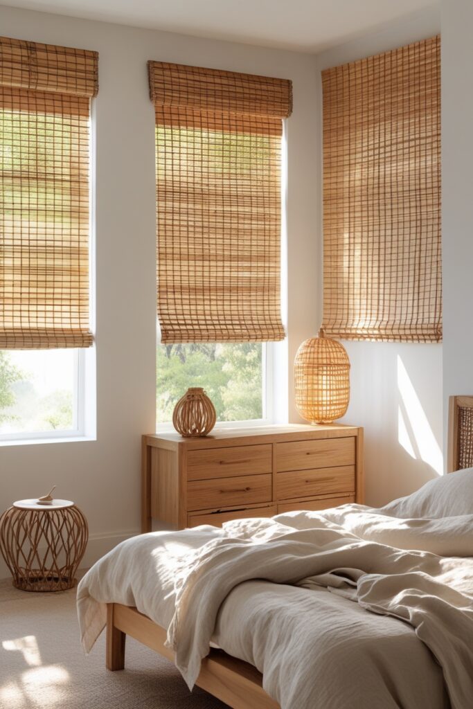 Natural boho bedroom with neutral bamboo blinds and wooden decor.