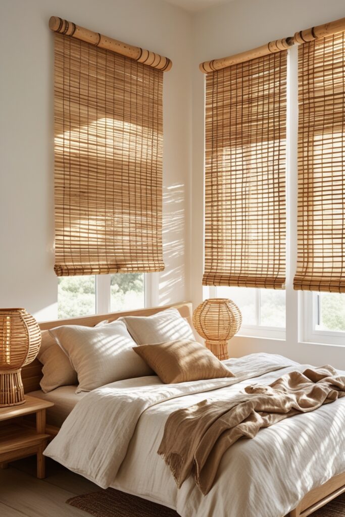 Natural boho bedroom with neutral bamboo blinds and wooden decor.