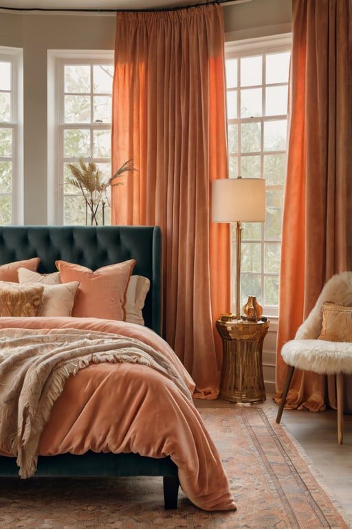 Luxe boho bedroom with peachy coral velvet drapes and warm, cozy decor.