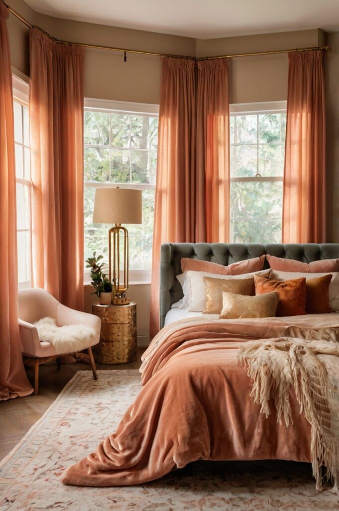 Luxe boho bedroom with peachy coral velvet drapes and warm, cozy decor.