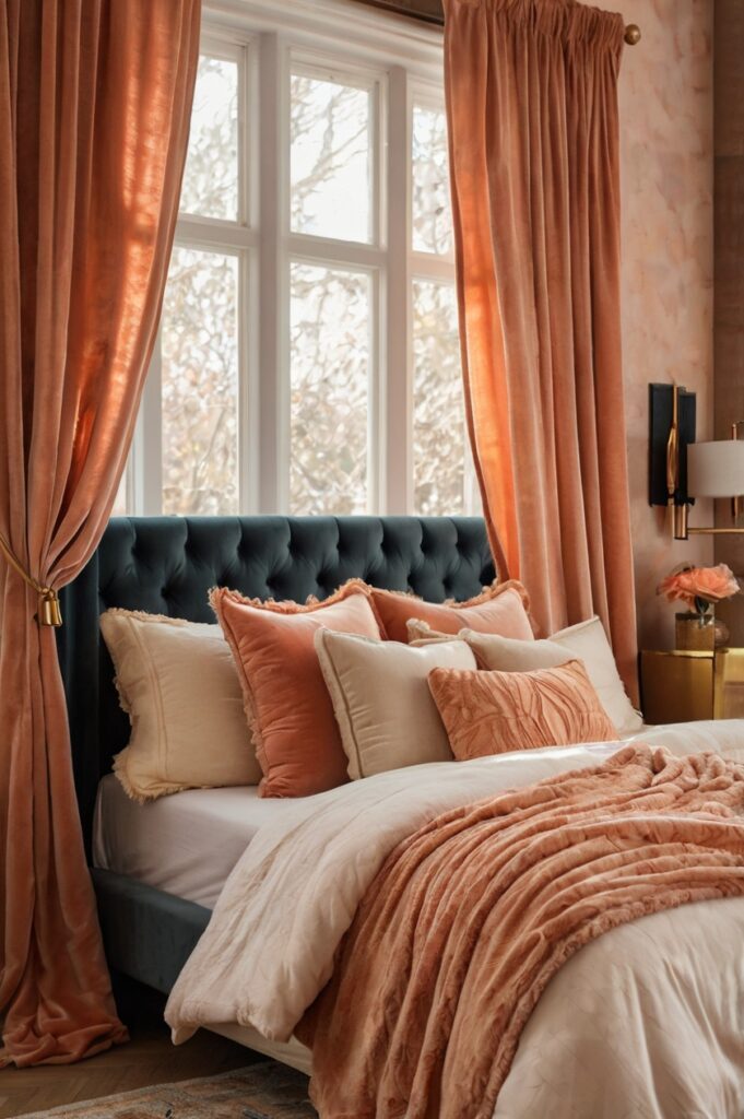 Luxe boho bedroom with peachy coral velvet drapes and warm, cozy decor.