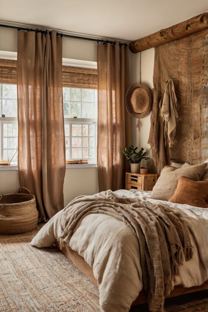 Cozy boho bedroom with rustic burlap curtains and natural earthy tones.