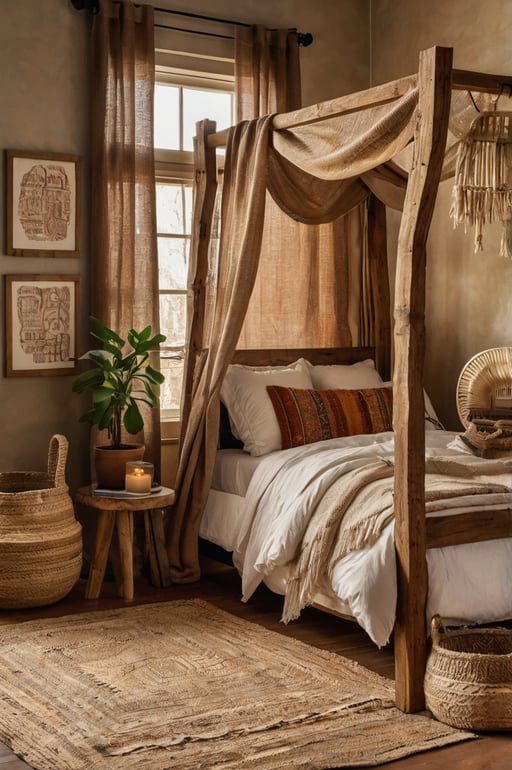 Cozy boho bedroom with rustic burlap curtains and natural earthy tones.