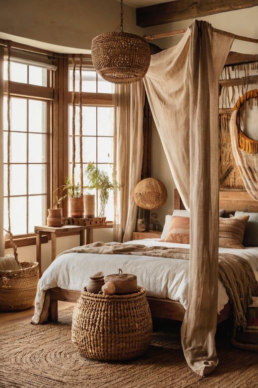 Cozy boho bedroom with rustic burlap curtains and natural earthy tones.